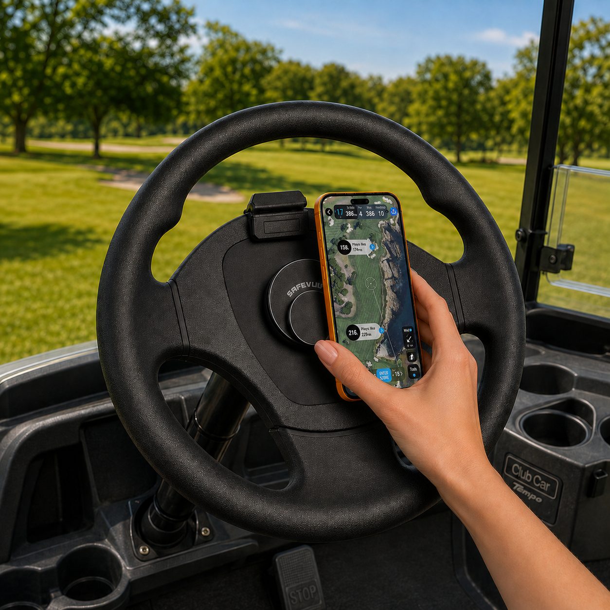 A hand snapping a phone onto the SafeVuu mount at the center of a golf cart steering wheel, golf GPS app on screen